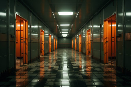 a long hallway with orange doors and a tiled floorの素材