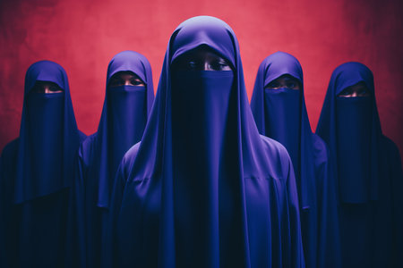 a group of women wearing burqas standing in front of a red backgroundの素材