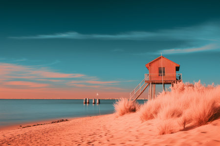 a lifeguard tower on the beach at sunsetの素材