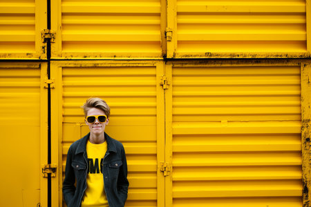 a man in sunglasses standing in front of a yellow wallの素材