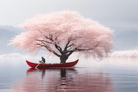 a man in a red boat sitting under a pink treeの素材