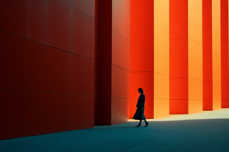 a person is standing in front of an orange wallの素材
