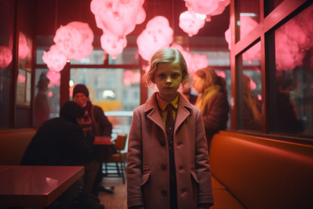 a little girl in a pink coat standing in front of a red lightの素材