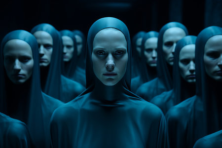 a group of women in black robes standing in a dark roomの素材