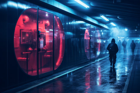 a person walking through a subway station at nightの素材