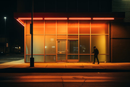 a person standing in front of a building at nightの素材