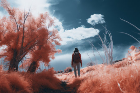 a person walking through a field of red grassの素材