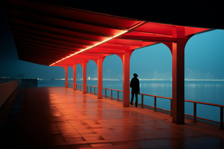 a person standing under a covered walkway at nightの素材