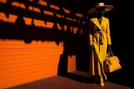 a mannequin wearing an orange dress and hat holding a yellow bagの素材