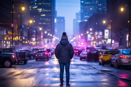 a person standing in the middle of a city street at nightの素材