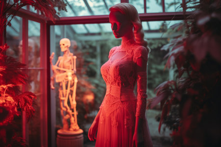 a mannequin dressed in a red dress stands in front of a windowの素材