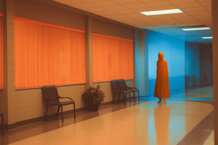 a person standing in a hallway with orange curtainsの素材