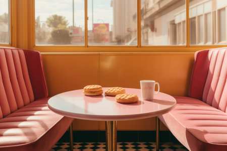 a pink booth with two donuts and a cup of coffeeの素材