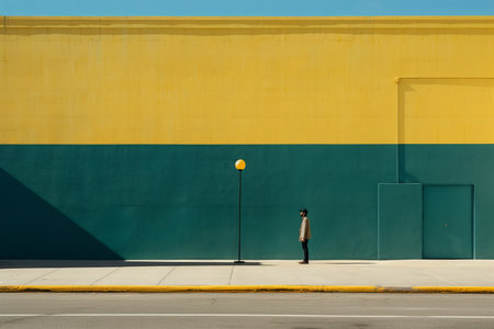 a person standing in front of a yellow and green buildingの素材
