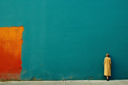 a person standing in front of a wall with an orange and blue wallの素材