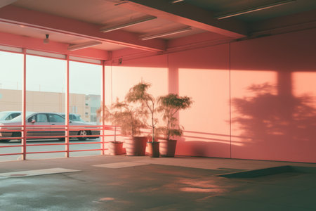 a pink building with a car parked in front of itの素材