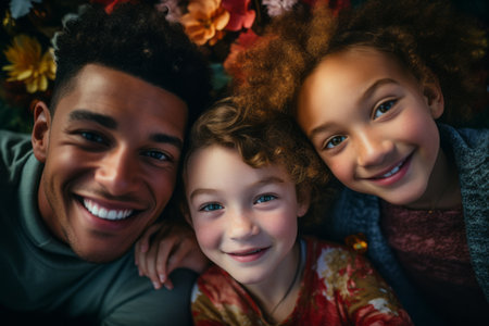 a man and two children are smiling for the cameraの素材