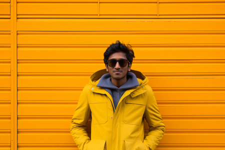 a man wearing sunglasses and a yellow coat standing in front of a yellow wallの素材