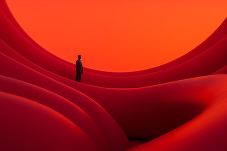 a person standing in the middle of an orange tunnelの素材