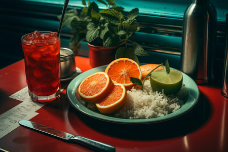 a plate of food on a tableの素材