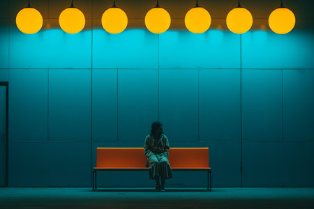 a person sitting on an orange bench in front of a blue wallの素材