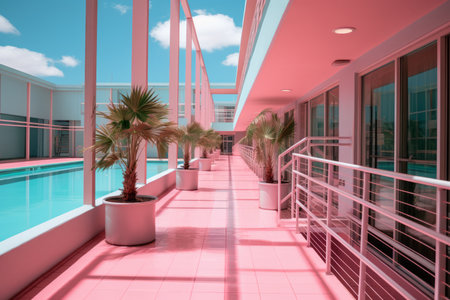 a pink building with palm trees and a poolの素材