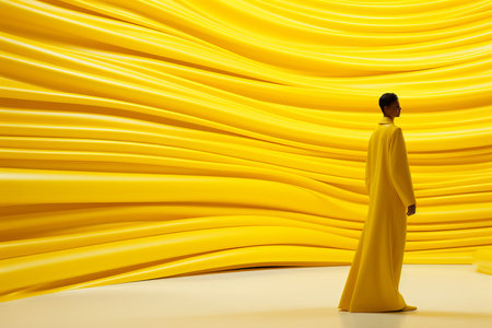 a man standing in front of a yellow wallの素材