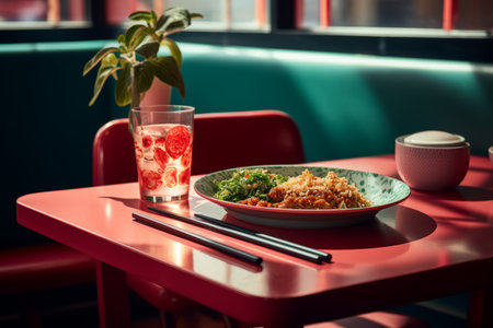 a plate of food sitting on a table with chopsticks and a drinkの素材