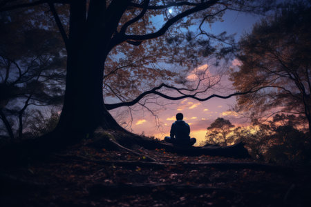 a person sitting in the middle of a forest at sunsetの素材