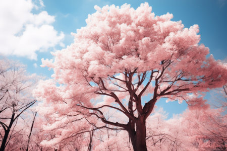 a pink tree stands in front of a blue skyの素材