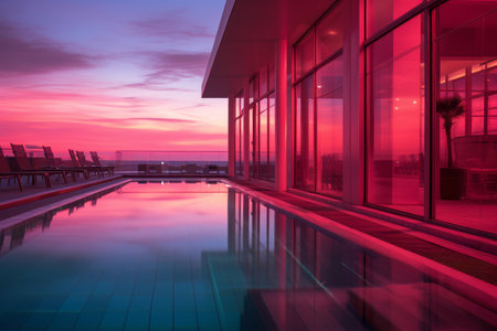 a pool in front of a building at sunsetの素材