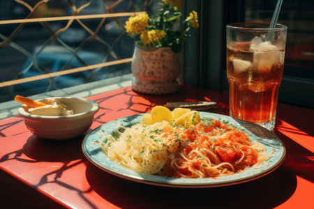 a plate of food on a tableの素材