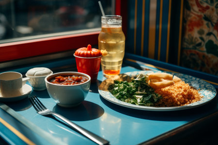 a plate of food sitting on a tray next to a windowの素材