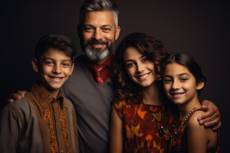 a man with a beard and two children posing for the cameraの素材