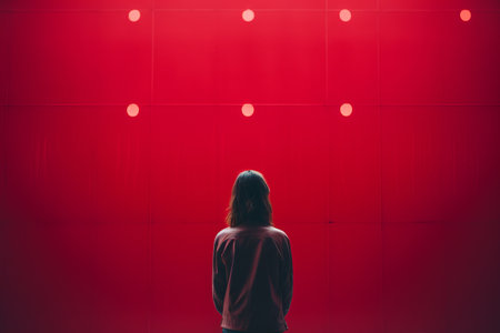 a person standing in front of a red wallの素材