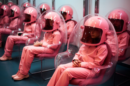 a group of people in pink suits sitting in chairsの素材