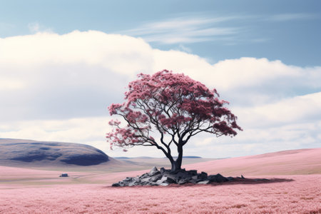 a lone tree in a pink fieldの素材