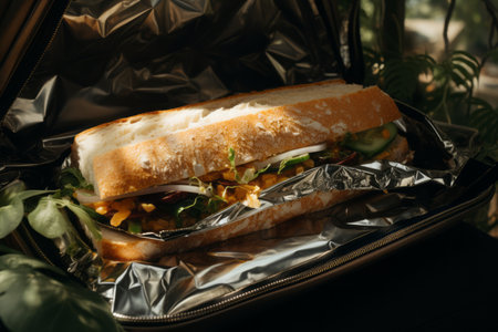 a sandwich sitting on a piece of aluminum foilの素材
