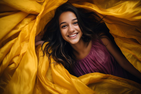 a smiling woman in a yellow dress is surrounded by yellow fabricの素材