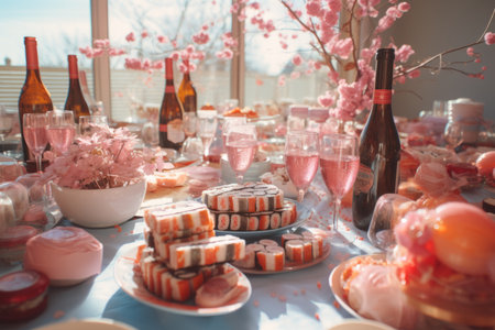 a table topped with pink and white food and wineの素材