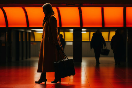 a silhouette of a woman with a suitcase in a subway stationの素材