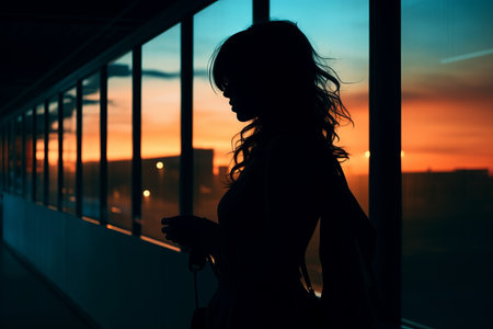a silhouette of a woman looking out a window at sunsetの素材