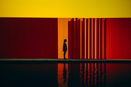 a silhouette of a person standing in front of a red wallの素材
