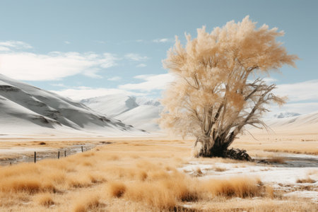a tree in the middle of a field with mountains in the backgroundの素材