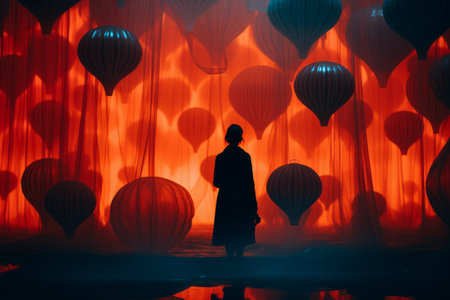 a silhouette of a man standing in front of a room full of hot air balloonsの素材