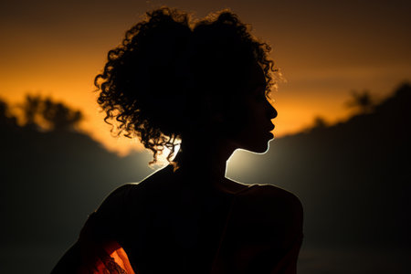 a silhouette of a woman in an orange dress standing in front of the sunの素材