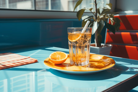 a table with a glass of water and an orange on itの素材