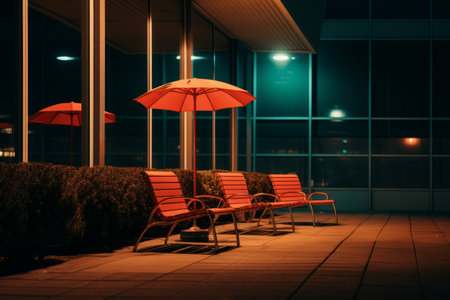 a row of chairs and umbrellas on a sidewalk at nightの素材
