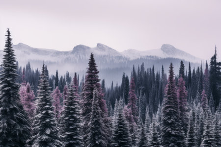 a snowy forest with trees and mountains in the backgroundの素材