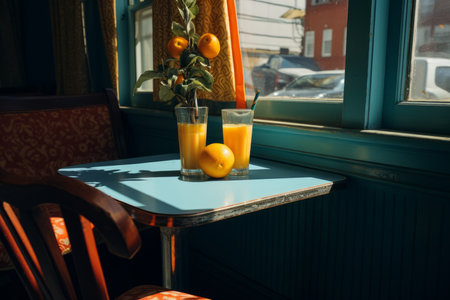 a table with a glass of orange juice and a vase of lemonsの素材